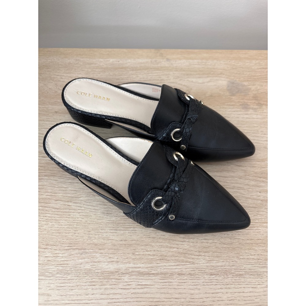 Cole Haan Emily Black Leather Snake Embossed Pointed Toe Block Heel Mules 7B
